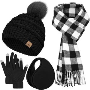 Winter Hat Scarf Gloves and Ear Warmer, Knit Warm Beanie Hat Touch Screen Gloves Long Knitted Plaid Scarf Set Gifts for Women (Black)