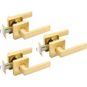 EHOMEWARE 3 Pack Passage Door Knob Set Interior Door Handles, Closet Door Levers in Satin Brass Finish, Hallway/Closet Door Lever Set Indoor Door Handle Set for Right/Left Handed Doors