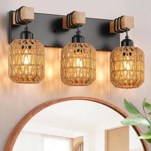Farmhouse Bathroom Light Fixture, Boho Vanity Light, 3-Light Rattan Bathroom Light Fixture Over Mirror Rustic Vanity Lighting with Handwoven Shades, Suit for Restroom, Bedroom, Hallway (Black)