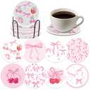 Pink Bow Diamond Art Coasters Kits - 8 PCS DIY Non Slip Diamond Painting Coasters with Holder Bowknot Cherry Strawberry Gem Art Craft Supplies for Adults Beginners Women Coquettee Home Table Decor