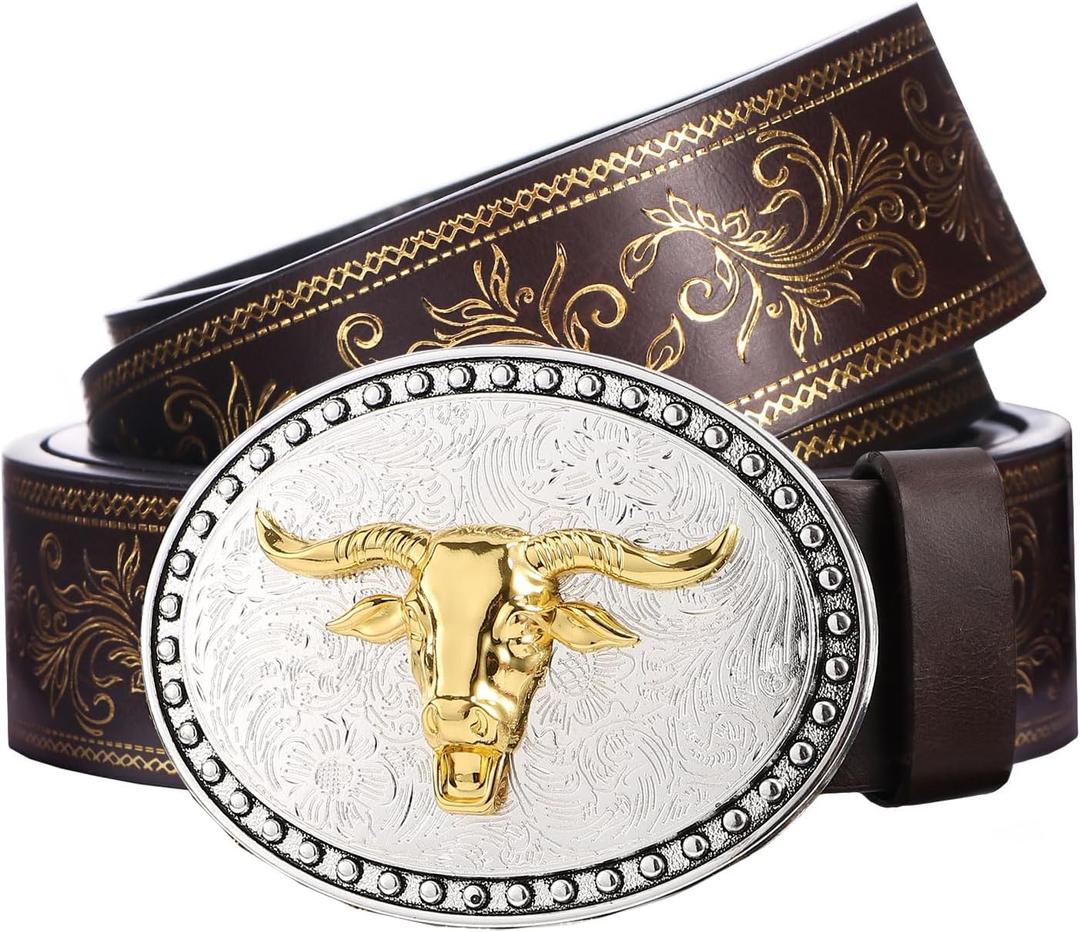 PARTTELY Western Cowboy Belts for Men Women, Western Belt with Bull Buckle, Country Belt Cowboy Leather Belt for Jeans