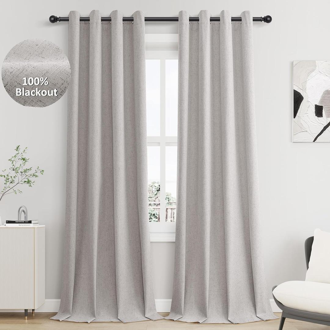 Silver Linen Blackout Curtains 96 Length 2 Panels Set for Living Room Bedroom, 100% Black Out Thermal Insulated Linen Drapes, Room Darkening Grommet Curtains 96 Inches Long