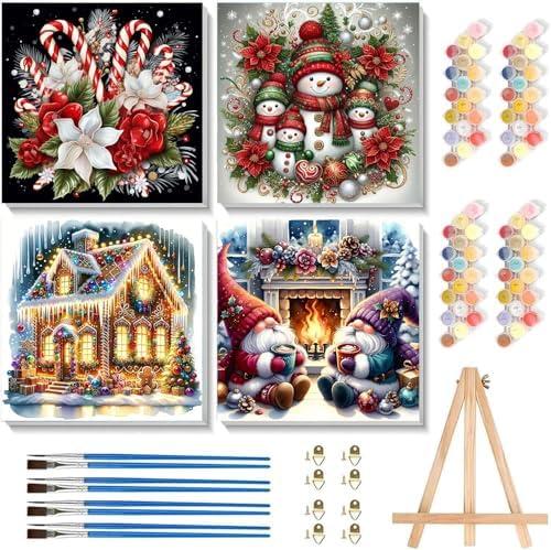 WUDWL 4 Pack Paint by Numbers Kit for Adults Framed Canvas, with Wooden Easel, Paint by Numbers for Kids Ages 8-12, Christmas DIY Acrylic Landscape Oil Painting Arts Crafts, 10x10in