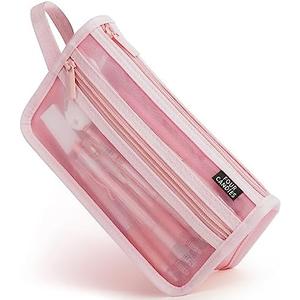 Four Candies Grid Mesh Pencil Case with Handle and Zipper, Clear Double-layer Pencil Pouch Marker Pouch, Travel Makeup Bag, Cute Transparent Stationary Organizer Pen Bag for Adult Office College