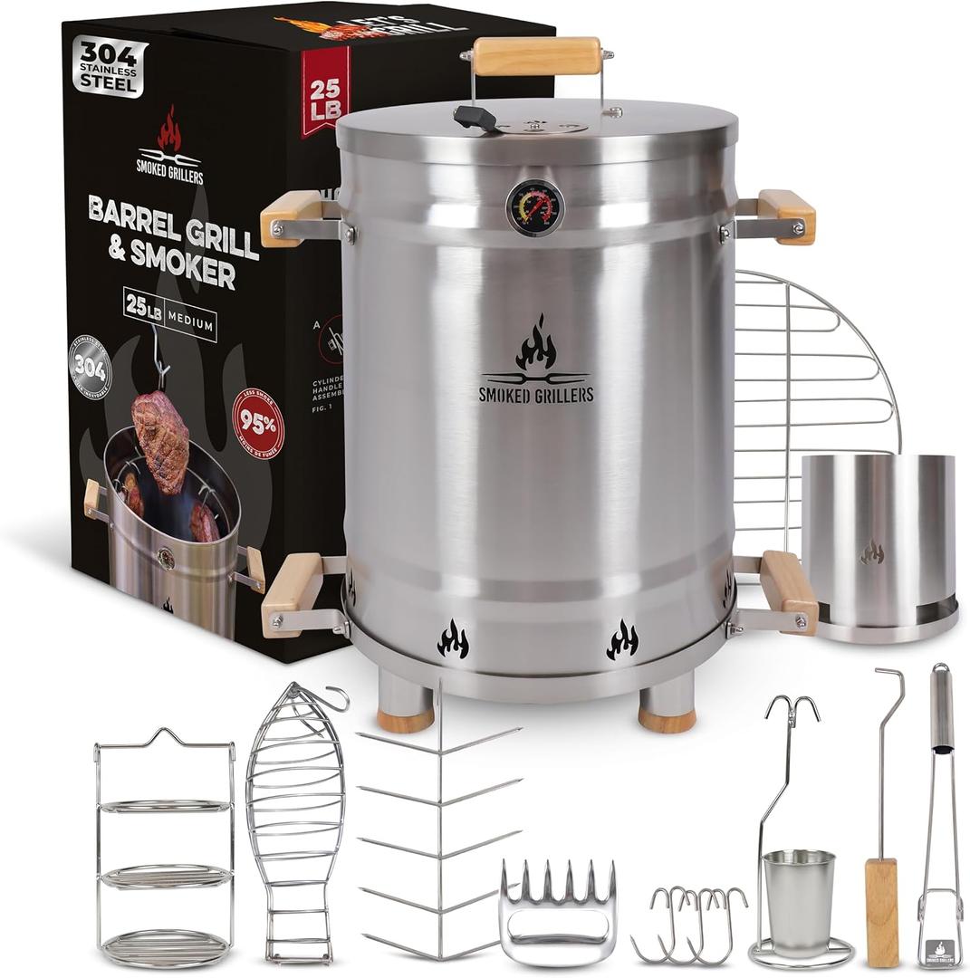Barrel Smoker Grill Combo | 100% 304 Stainless Steel Barrel | 95% Less Smoke, Even Heat | Easy to Use & Clean Vertical Smoker Ideal for Balconies and Backyards (MEDIUM-25 LBS)