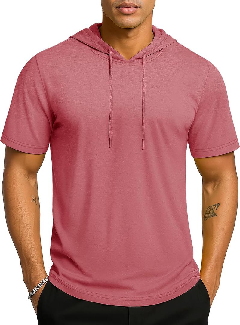 TACVASEN Short Sleeve Hoodies for Men Cotton Hoodies Summer Sweatshirt Lightweight Breathable Workout Shirts Pullover (Pink, M)