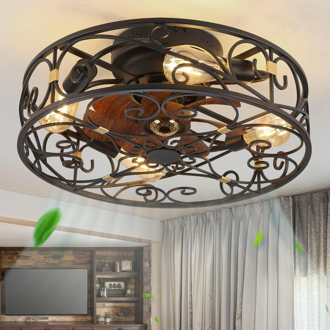 20" Caged Ceiling Fans with Lights and Remote, Bladeless Ceiling Fan 6 Speed Reversible with 4 Bulbs and Remote Control, Flush Mount Caged Ceiling Fan for Bedroom, Living Room, (Include Bulbs)