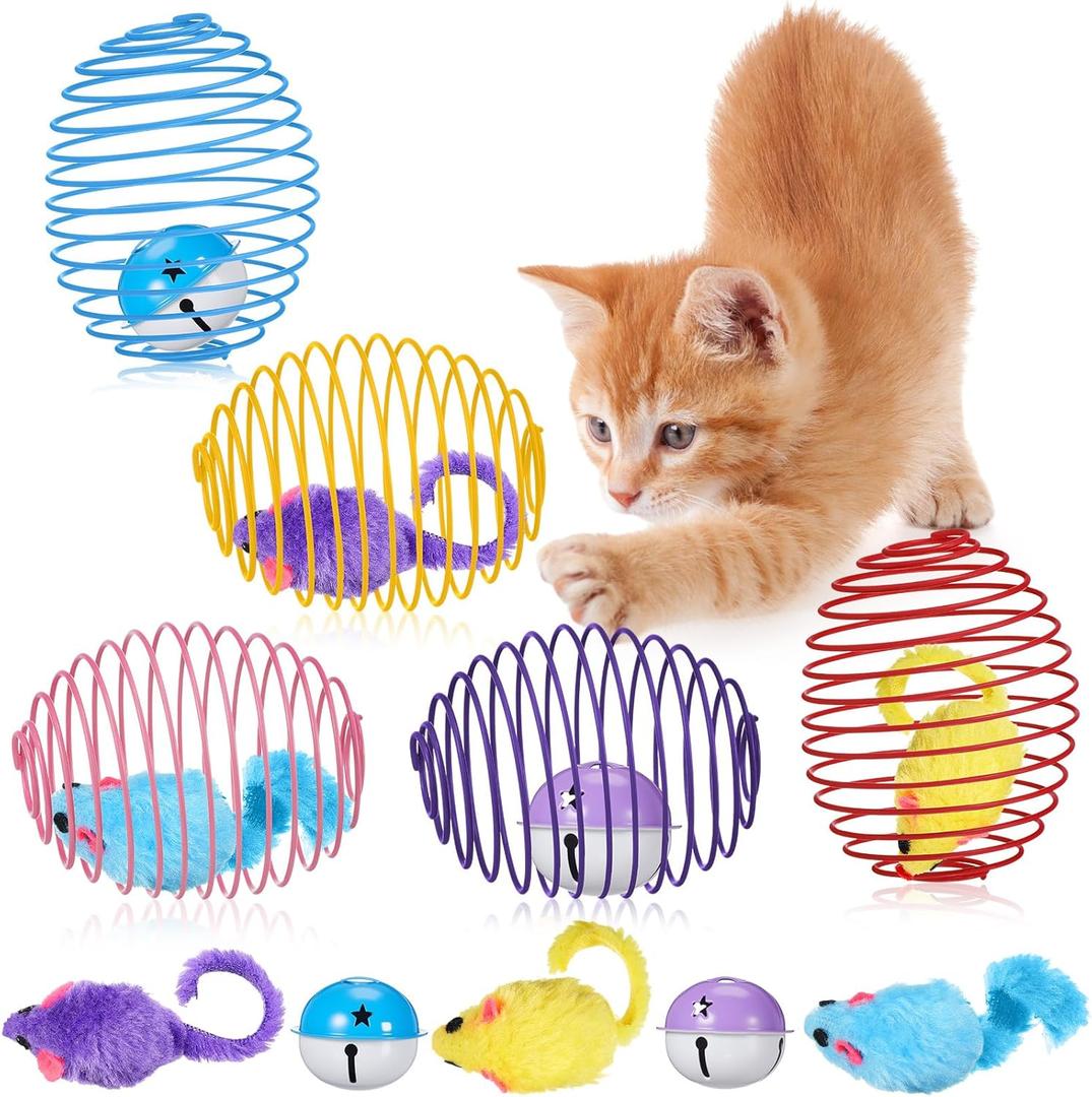 Jecery 5 Pcs Cat Spring Balls Toys Stretchable Rolling Balls Colorful Playful Coils Interactive Action Toy Caged Rats for Kitten Pet Supplies (Mouse and Bell,Multicolor)