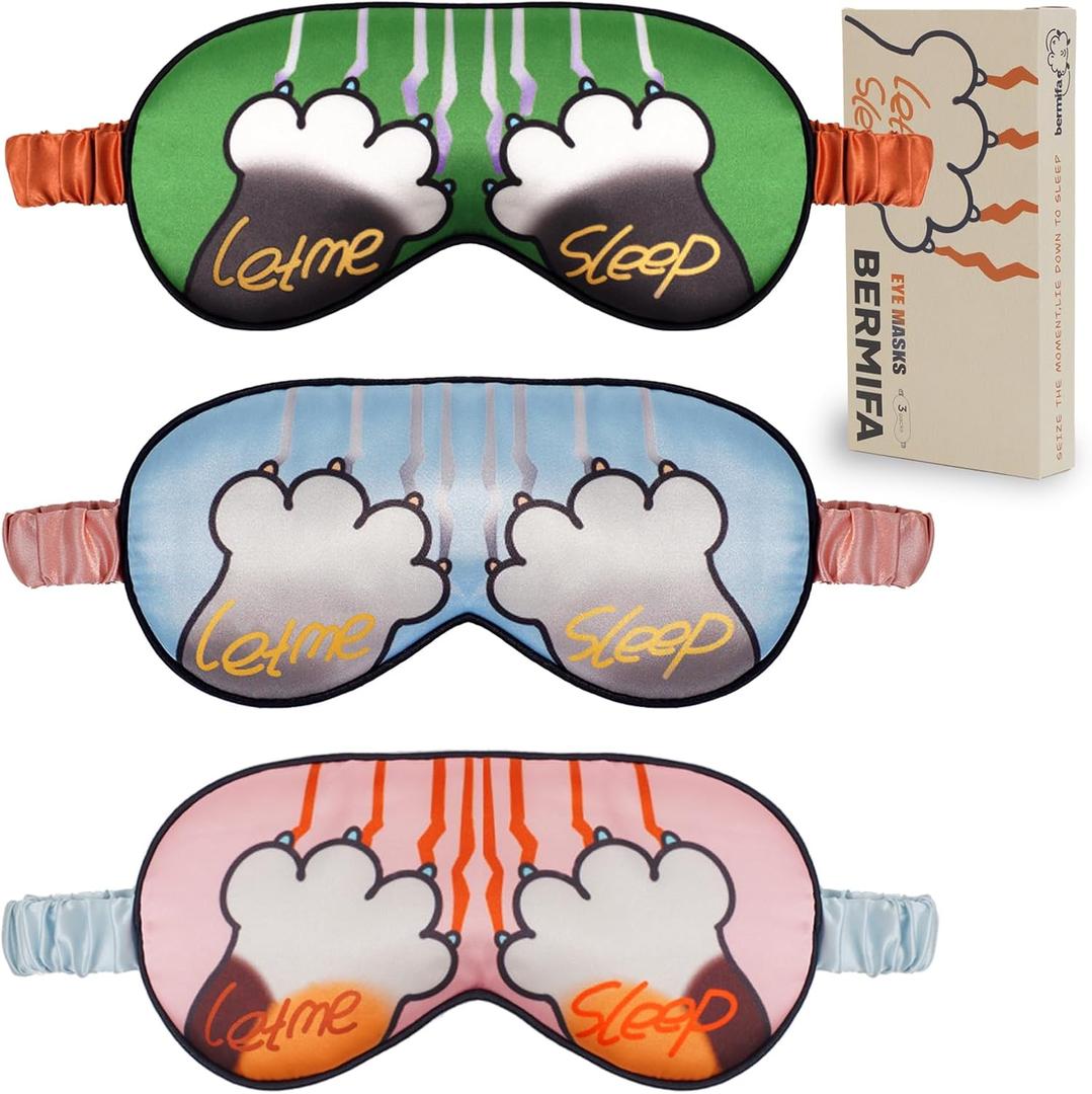 Sleep Masks, 3 Packs Silky Satin Eye Masks for Sleeping,Effective Light Blocking Blindfold for Men Women, Cute Cat Paw Design, with No-Pressure Elastic Strap
