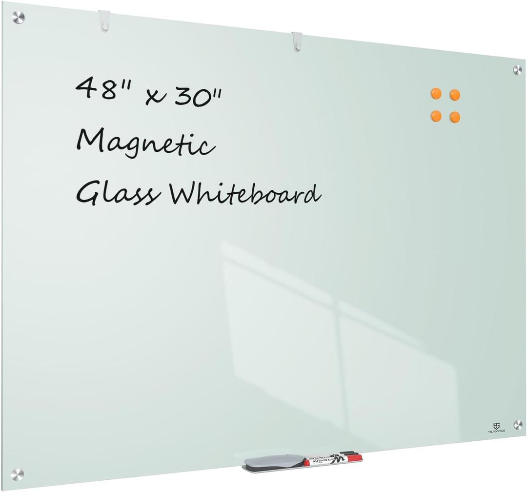TSJ OFFICE Glass Dry-Erase Board - 48 x 30 Inches Wall Mounted Magnetic Whiteboard, Large Frameless Glass White Board for Office, Home & School