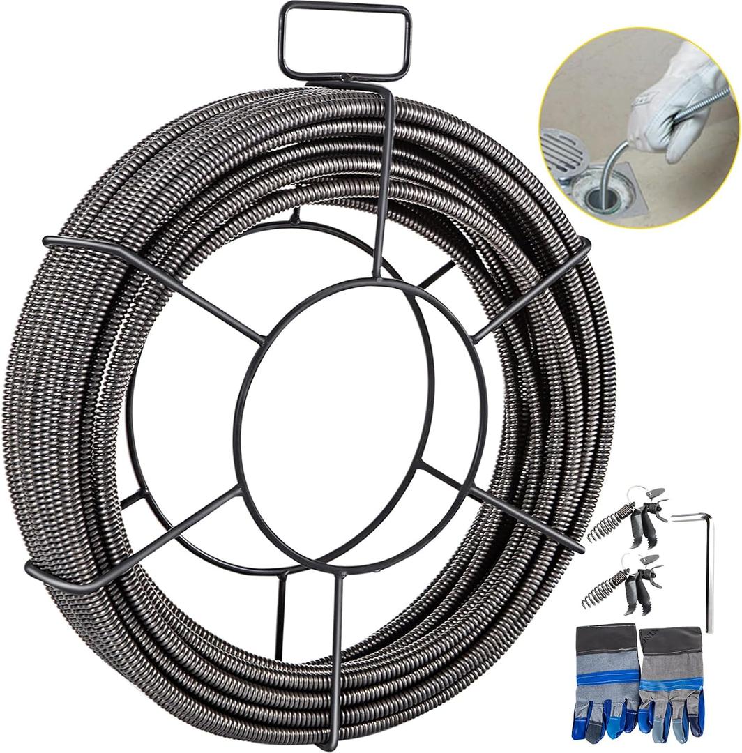 VEVOR Drain Cleaning Cable 75ft x 3/8 inch Solid Core Cable Sewer Cable, Drain Auger Cable Cleaner, Snake Clog Pipe Drain Cleaning Cable W/Four Shapes of Cutters