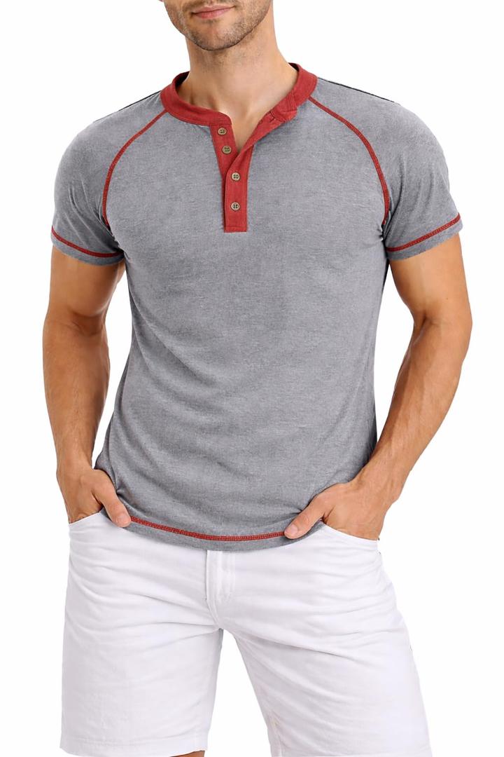 AlRithms Men's Short Sleeve Henley T-Shirt (US, Alpha, Large, Regular, Regular, Light Grey) (Gray, L)