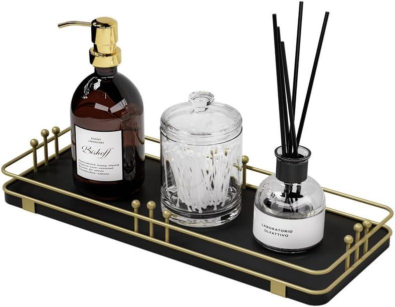 Bathroom Vanity Tray for Countertop Toiletries Perfume Makeup Soap Dispenser Toilet Tank, Kitchen Tray for Salt Spice, Decor Tray for Candle Nightstand Coffee 11.3x 4.4 Black-Gold