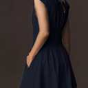Womens V Neck Summer Dress Cap Sleeve Zipper Mini Dress Smocked Slit Dress with Pockets (Blue, L)