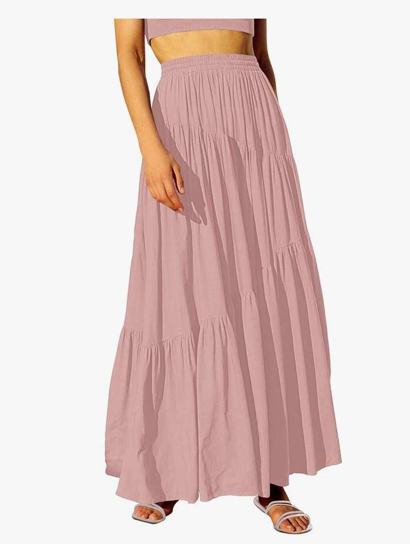 Women’s Boho Elastic High Waist Pleated A-Line Flowy Swing Asymmetric Tiered Maxi Long Skirt Dress with Pockets Size L