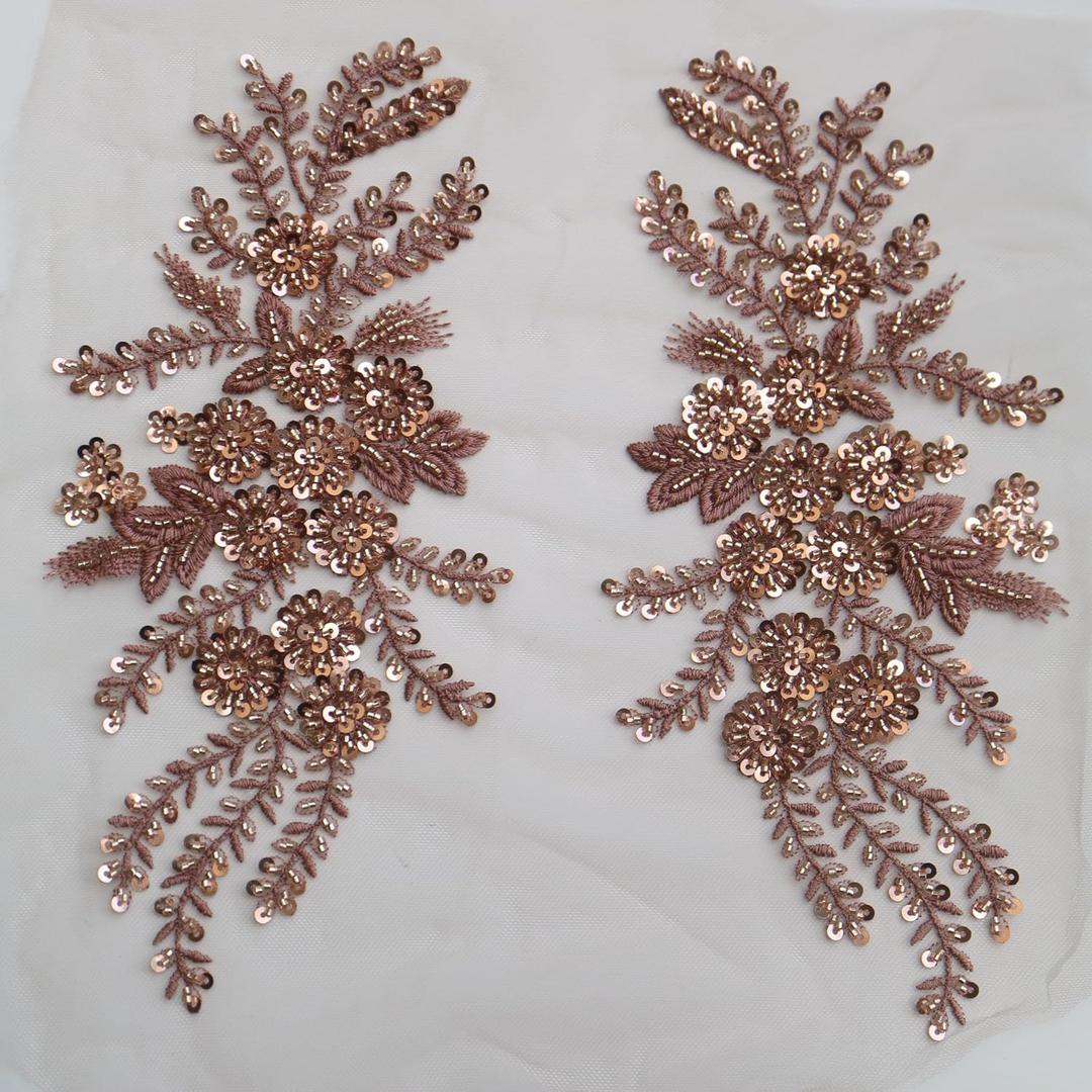 2pc/Pair Luxury Beaded Sequin Flower Embroidery lace Appliques for Wedding Dresses Rhinestone Applique Patches Embroidery lace parches ropa (Coffee Golden)