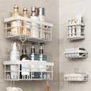 Cobbe Adhesive Shower Caddy 5-Pack, Large Wall Mounted Shower Shelves Rack, Organizer Storage Accessories with Soap Dish & Toothbrush Holder, Shelves for Bathroom Storage & Home Kitchen Decor, White