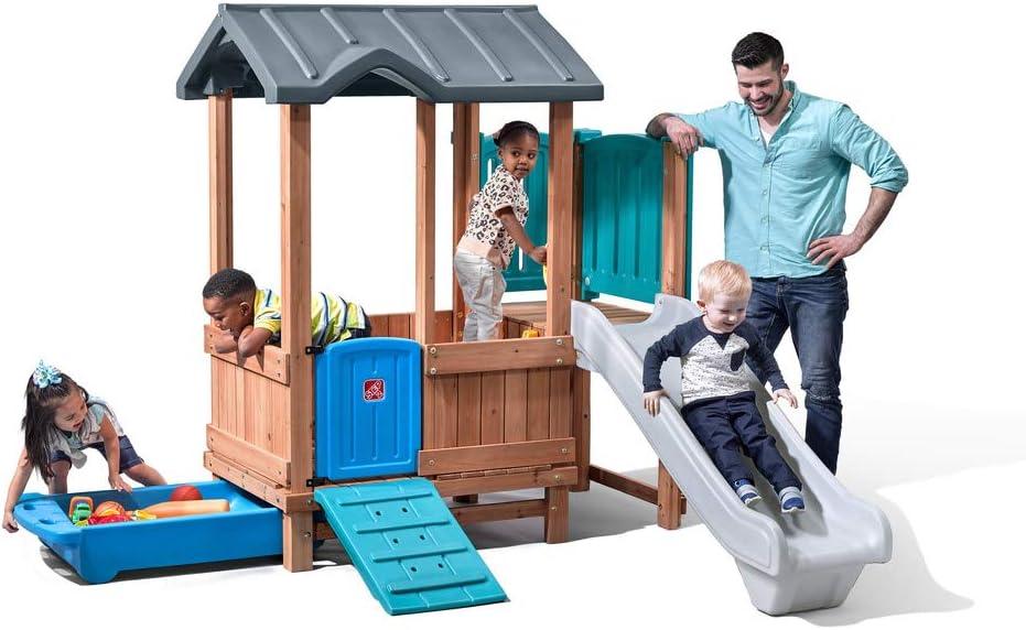 Step2 Woodland Adventure Playhouse & Slide, Kids Outdoor Playset, Backyard Playground Set, Swings, Storage Drawer, Made of Wood & Durable Plastic, Outside Jungle Gym, for Children 3-8 Years Old