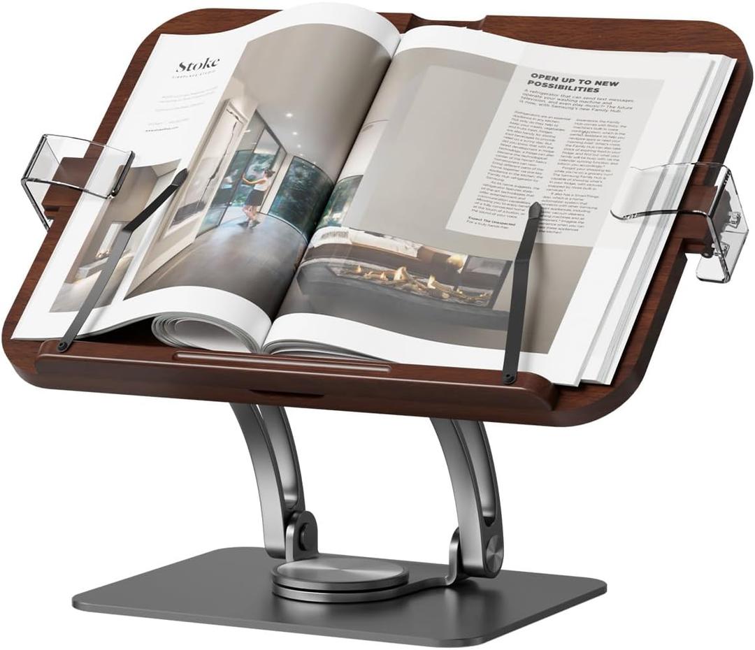 Adjustable Book Stand with 360 Swivel Base, Foldable Cookbook Stand for Recipe Books, Laptops, Textbooks