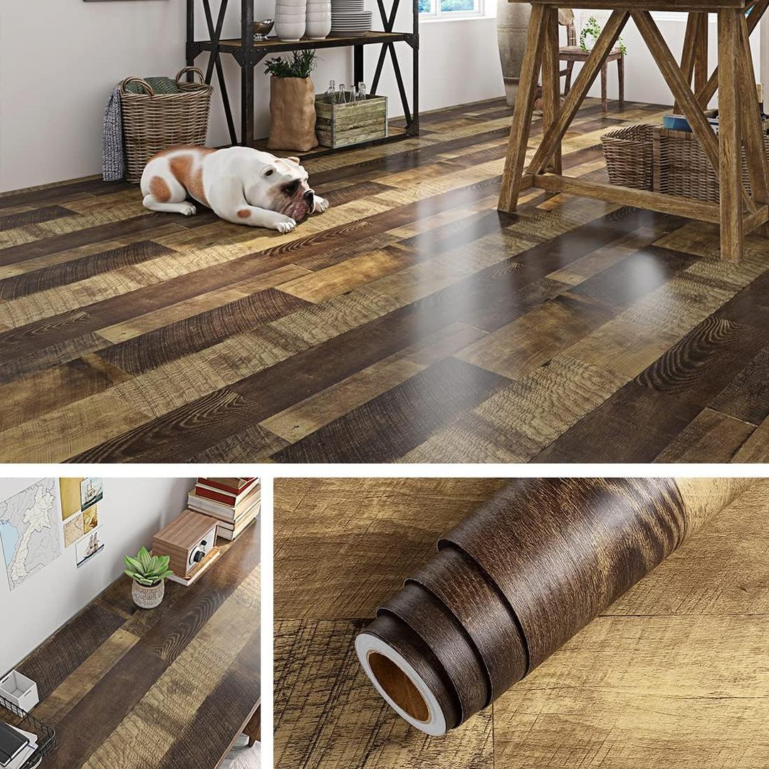 Livelynine 15.8x394 Wood Floor Contact Paper Waterproof Peel and Stick Wood Adhesive Paper for Furniture Desk Table Kitchen Countertop Covers Stick on Accent Wall Panels Rustic Vinyl Flooring Roll (Wood Plank)
