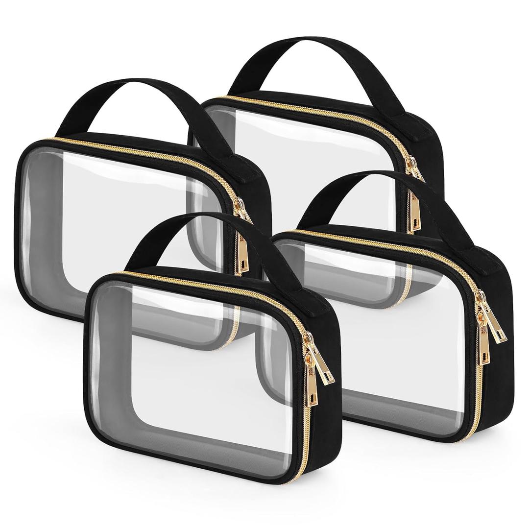 Wedama TSA Approved Toiletry Bag, 4 Pack Clear Makeup Bags with Handles, Quart Size Toiletry Bags, PVC Clear Cosmetic Bags for Women and Men, Carry on Airport Airline Compliant Bag, Black