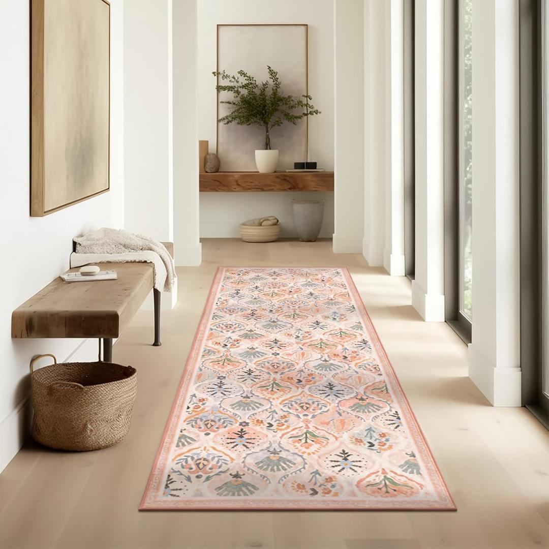 Ashler Runner Rugs 2x6, Floral Hallway Rug, Ultra-Thin Boho Tropical Area Rug, Vintage Long Rugs for Entryway, Kitchen, Flesh Pink/Beige Rug, Moroccan Low-Pile Machine Washable