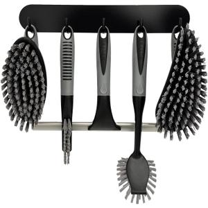Scrub Brush Set of 6 pcs - Cleaning Shower Scrubbers with Squeegee for Shower Glass and Adhesive Wall Hooks Including Grout Cleaner Brush, Scrub Brushes for Cleaning Bathroom, Shower, Tile, Bathtub