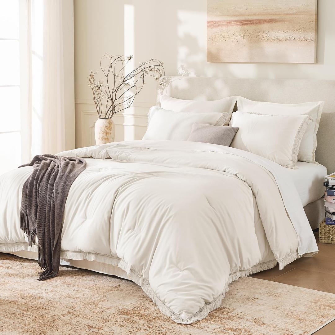 Andency California King Comforter Set Beige - 3 Pieces Cal King Boho Tassel Lightweight Bedding Comforter Sets, Oversized All Season Soft Fluffy Bed Set (104x96In Comforter & 2 Pillowcases)