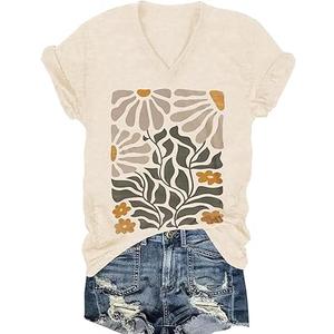 Vintage Boho Tops for Women V-Neck Flowers Shirt Spring Graphic Tees Floral Print Summer Casual Short Sleeve Tshirt Top, XL