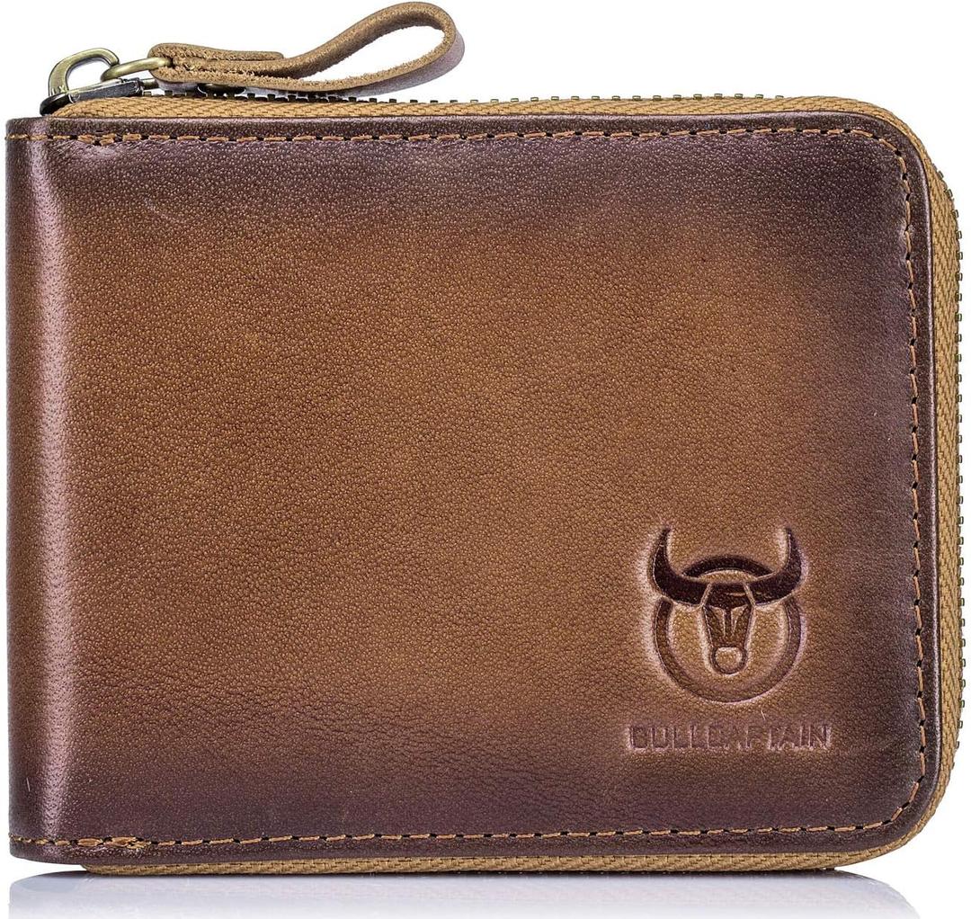 BULLCAPTAIN Mens Genuine Leather Zipper Wallet RFID Blocking Bifold Secure Zip Around Wallets Multi Credit Card Holder Purse (Handmade brown)