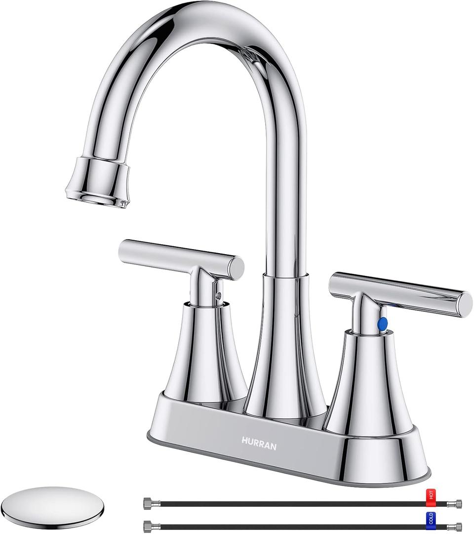 Bathroom Faucets for Sink 3 Hole, Hurran 4 inch Chrome Bathroom Sink Faucet with Pop-up Drain and Supply Hoses, Stainless Steel Lead-Free 2-Handle Centerset Utility Faucet for Sink Vanity RV