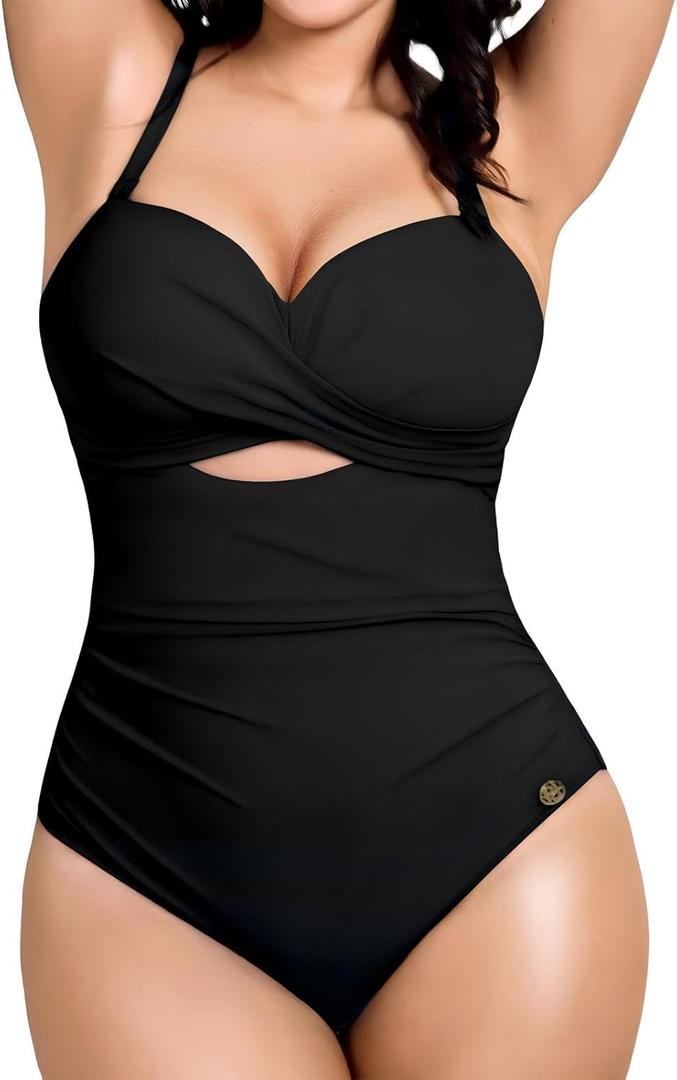Popilush Tummy Control Swimsuits for Women - One Piece Shapewear Bathing Suit Slimming Removable Straps for Beach (Color: Black) (Size: Large)