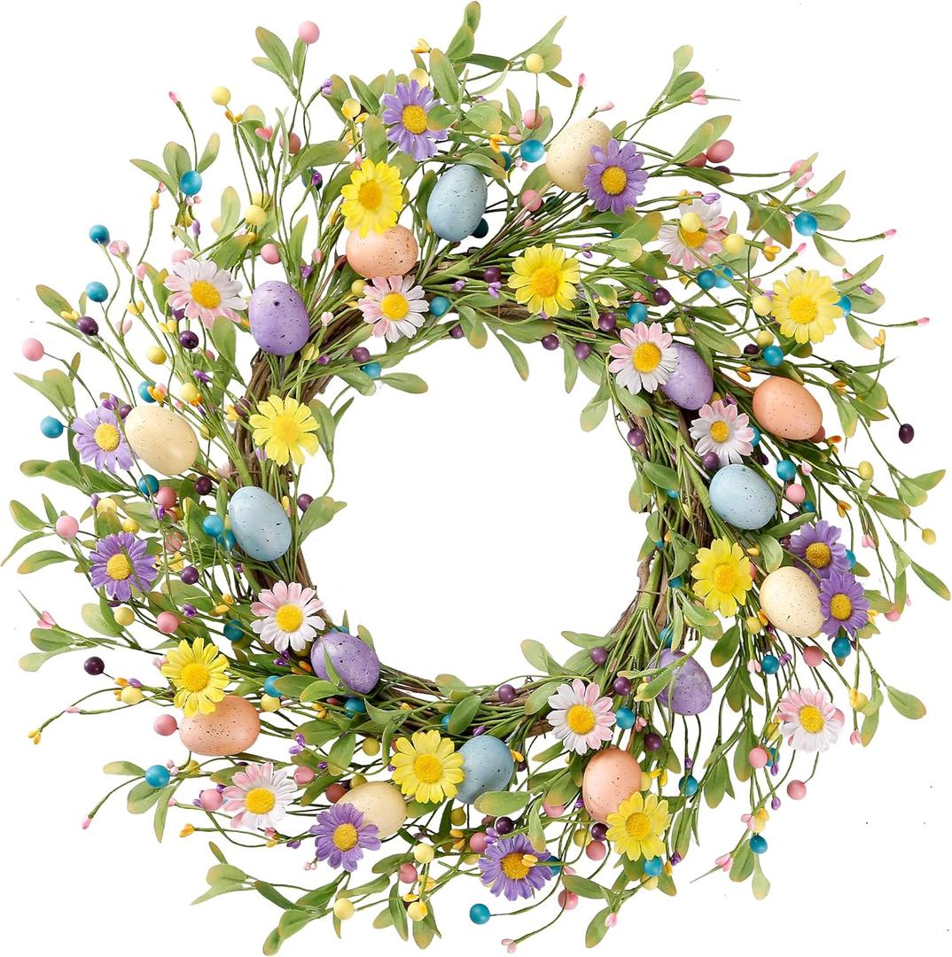 Sggvecsy 20 Inch Easter Wreath Spring Wreath Artificial Flower with Colorful Eggs Daisies Berries Eucalyptus Leaves for Front Door Easter Summer Farmhouse Holiday Wall Home Window Decor