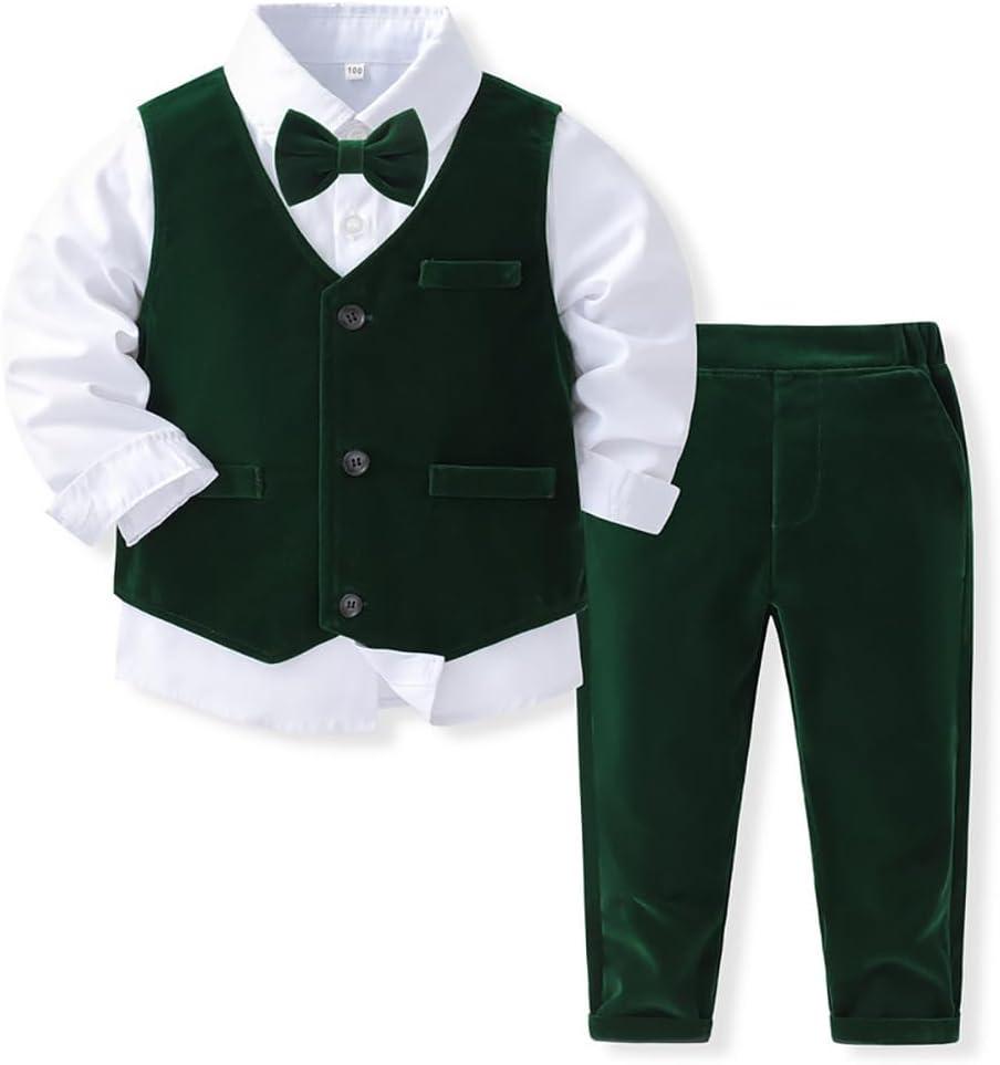 IDOPIP Toddler Kids Baby Boys Formal Suit Gentleman Outfit Long Sleeve Shirt with Bowtie + Vest + Pants Overalls Clothes 2-8T (Dark Green - Vest)