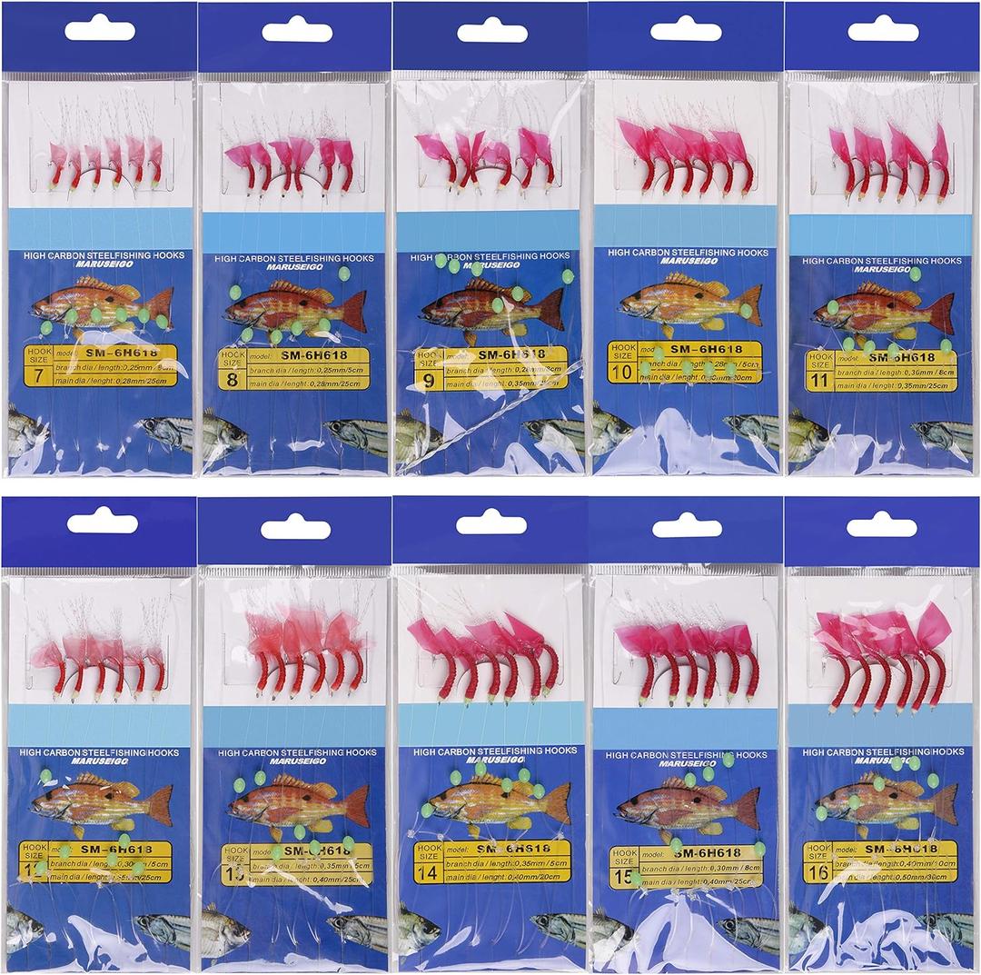 Saltwater Fishing Bait Rigs, 10Packs Surf Fishing Rigs 6 Hooks Fishing Lures Red Fish Skin Feather Hooks Glow Fishing Beads Fishing Tackles for Freshwater Saltwater