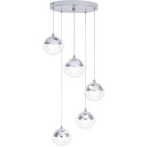 Chrome Crystal Pendant Lights 5000k Daylight White,5-Light Led Modern Brushed Nickel Light Fixtures Ceiling Hanging, Glass Globes Pendant Lighting for Kitchen Island Bedroom Dining Room Foyer