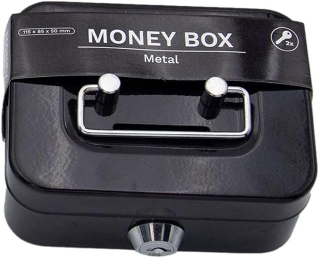 Small Cash Box With Key Lock - Metal Coin Piggy Bank, Lock Box For Money Safe, Key Lock Money Organizer, With 2 Keys, Secure Money Organizer With Handle, For Adults And Kids 4.5" X 3.3" X 2.3" (Black)