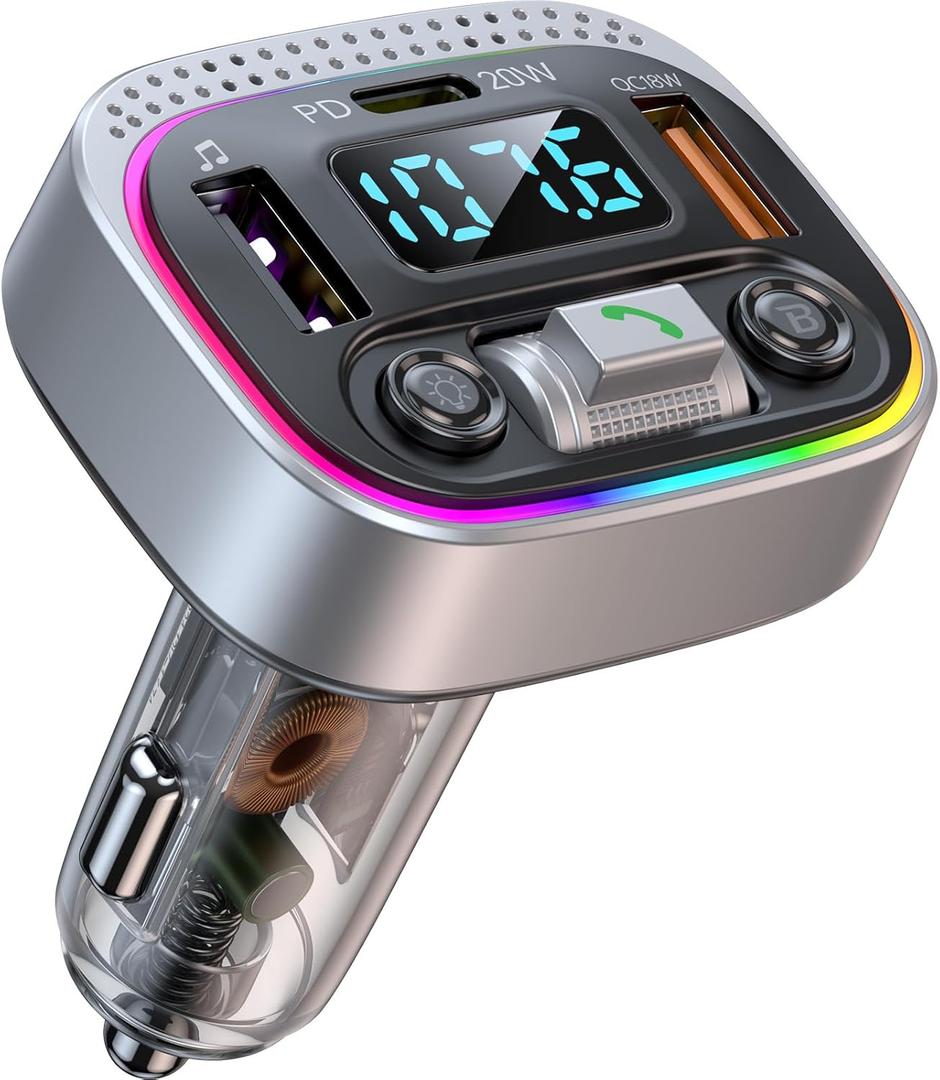 Bluetooth Adapter for Car, Type-C PD 20W+ QC3.0 Fast USB Charger,Wireless FM Radio Transmitter, Handsfree Calling & Audio Receiver, MP3 Music Player, 7 Colors LED Backlit (FM-XP)