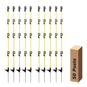 BEIYI 48 Inches Electric Fence Fiberglass Posts, 50 Pack Step in Electric Fence Post, Temporary Portable Fence Stakes for Livestock, Big Insulator, Yellow