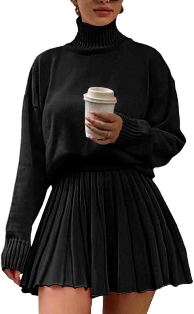 Women's 2 Piece Outfits Turtleneck Long Sleeve Oversized Pullover Sweaters and Pleated Mini Skirt Two Piece Sets (Large, Black)