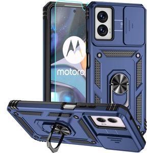 for Moto G Power 5G 2024 Case, Silicone Rubber Bumper Hard Plastic Phone Case with [Sliding Camera Lens Cover] [360 Rotatable Kickstand Ring] [HD Screen Protector] for Motorola G Power 2024 Blue