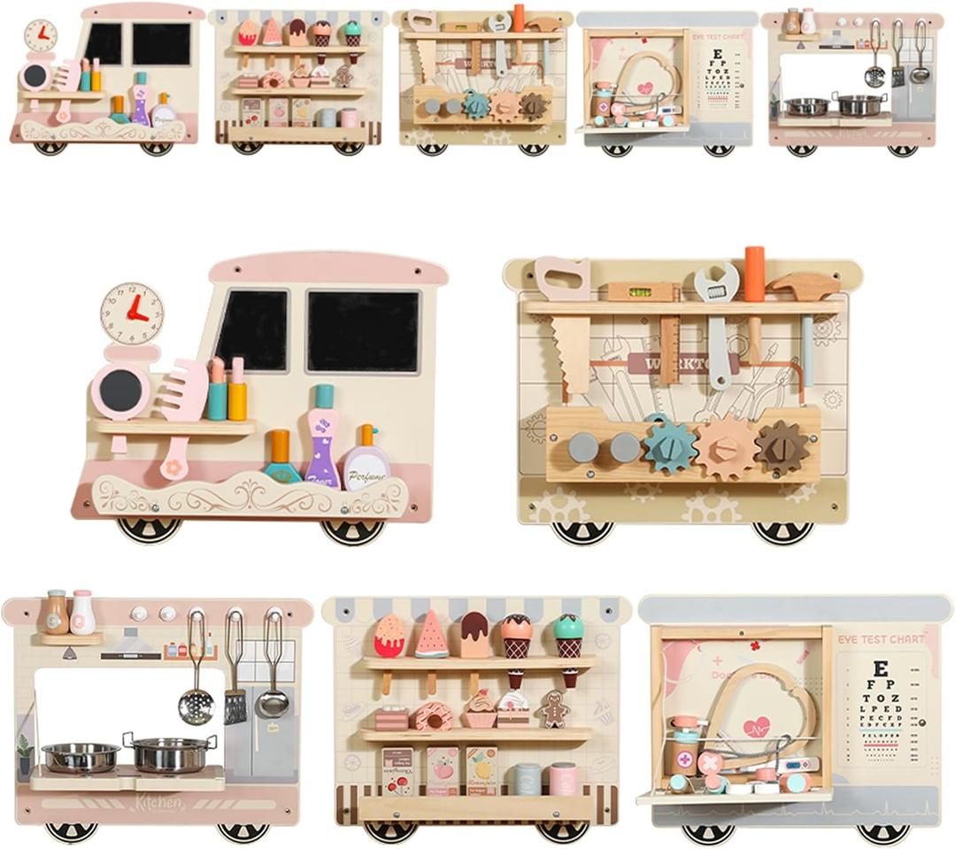 Wooden Sensory Wall Panel for Kids Activity Wall Busy Board with Wooden Toolboxes, Kitchen, Doctor Kit & More! Wall-Mounted Learning Toy for Preschoolers (3+), STEM Play (Little Train Wall Game)