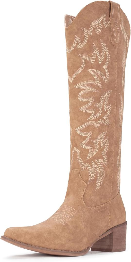 IUV Cowboy Boots For Women Knee High Western Cowgirl Boots Snip Toe Side Zipper Chunky Heel (8, Camel)