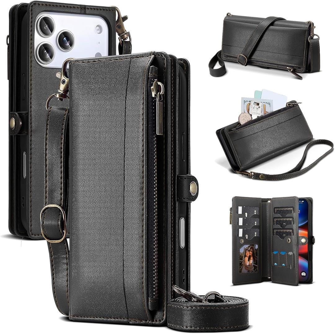 Compatible with iPhone 17 PRO MAX Wallet Case,RFID Blocking PU Leather Phone Case Women Men Kickstand flip Cover Wrist Strap Zipper Credit Card Holder Slots for Apple 17 PRO MAX,Black