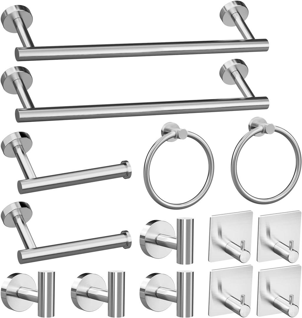 14-Piece Bathroom Hardware Set, Brushed Nickel Stainless Steel, Wall-Mounted Towel Racks