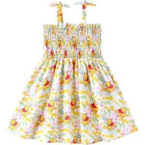 Disney Winnie the Pooh Girls Dress Yellow Floral Print Bow Tie Straps Smocked Sundress Birthday Park Casual Kids Summer Outfit Clothes Size 6-7