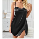 Women's Satin Nightgown Silk Mini Slips Sexy V Neck Negligee Lingerie Dress Chemise Nightwear, Black, Size M