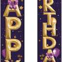 2PCS Happy Birthday Hanging Banner Porch Sign Purple Gold Balloon Letter Birthday Party Supplies Decorations Door Wall for Girls Women Adults Kids Children Classroom 71 x 12 Inch