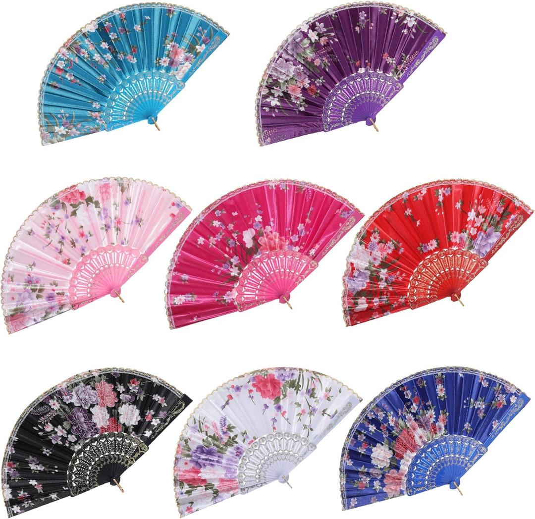 BABEYOND 8pcs Floral Folding Hand Fan Vintage Handheld Lace Folding Fan with Different Flower Patterns Fabric Folding Fan for Wedding Dancing Party (Color Random Selected with Chinese rose)