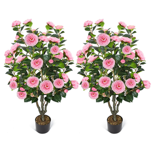 2 Pack 42" Artificial Camellia Tree with 36 Blooming Flowers Faux Floral Trees Tall Plastic Potted Fake Plant for Indoor Outdoor Office Shop Home Room Porch Front Door